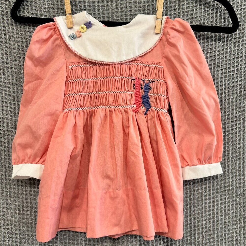 VTG Polly Flinders Pink Smocked MEOW Cat Dress T-2